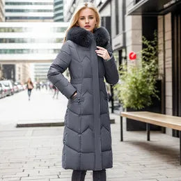Warm Winter Long Coat with Thick Fur Collar for Women