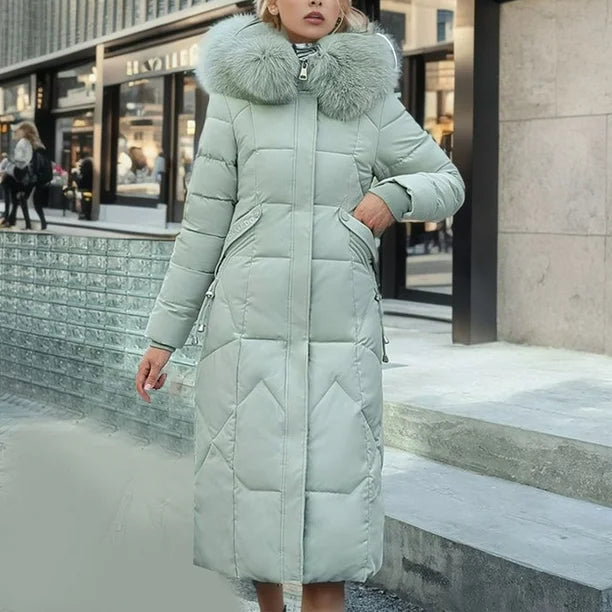 Warm Winter Long Coat with Thick Fur Collar for Women