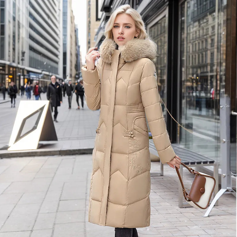 Warm Winter Long Coat with Thick Fur Collar for Women