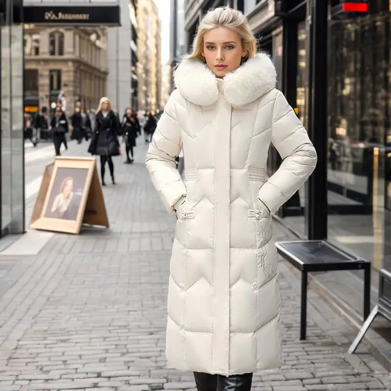 Warm Winter Long Coat with Thick Fur Collar for Women