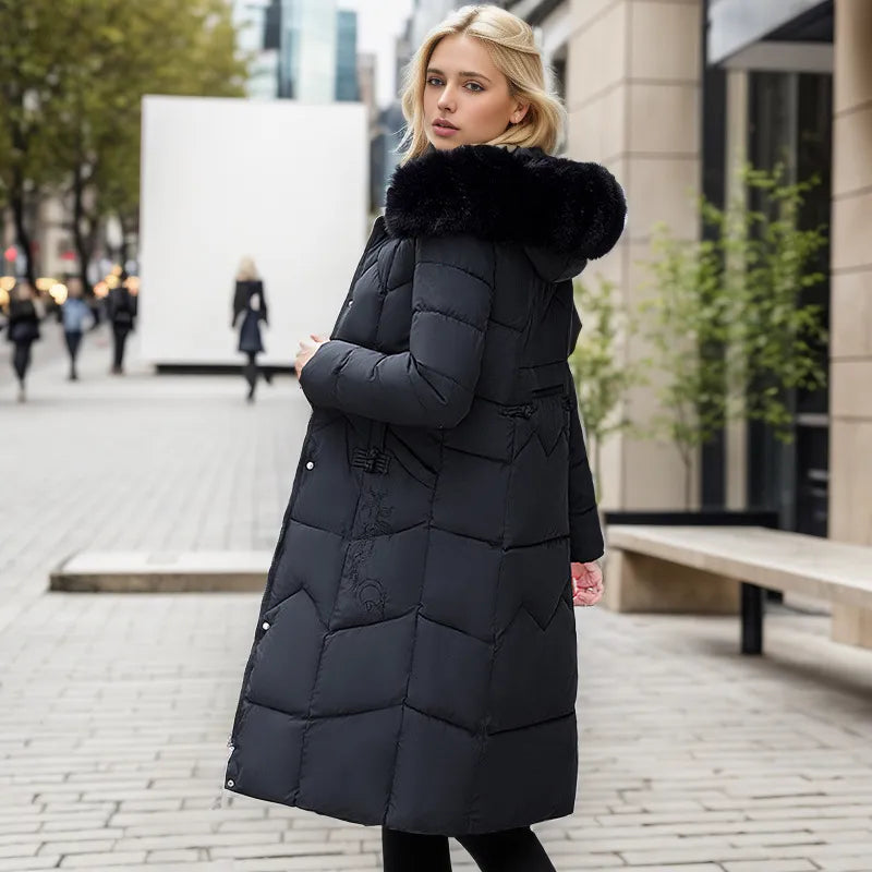 Warm Winter Long Coat with Thick Fur Collar for Women