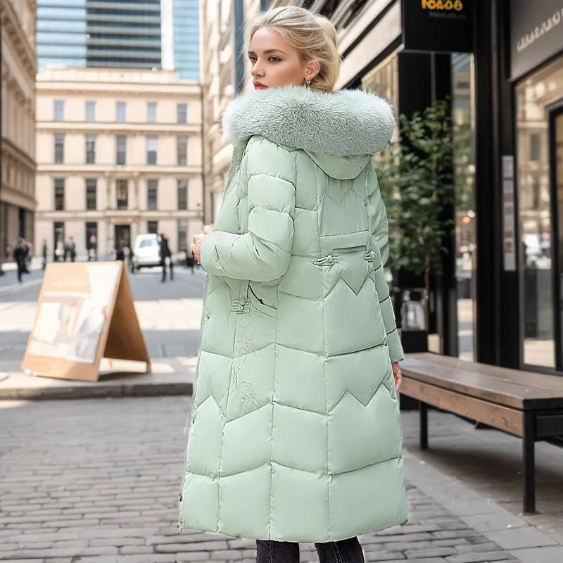 Warm Winter Long Coat with Thick Fur Collar for Women