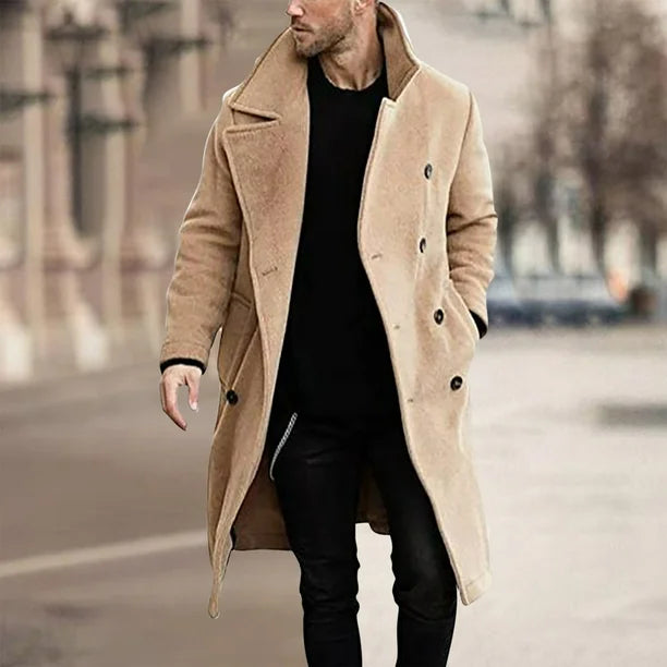 Men’s Long Double-Breasted Wool Coat for Winter