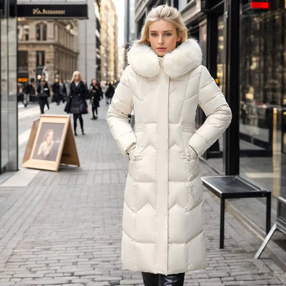 Warm Winter Long Coat with Thick Fur Collar for Women
