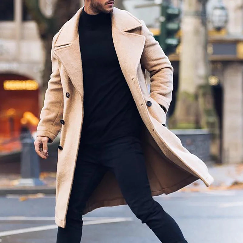 Men’s Long Double-Breasted Wool Coat for Winter