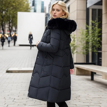 Warm Winter Long Coat with Thick Fur Collar for Women