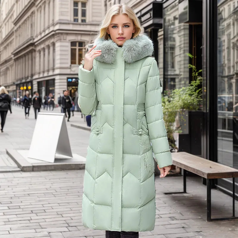 Warm Winter Long Coat with Thick Fur Collar for Women