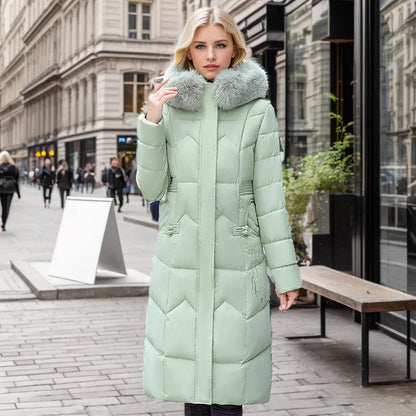 Warm Winter Long Coat with Thick Fur Collar for Women